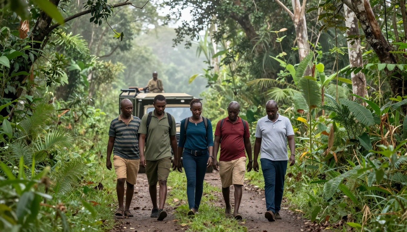 Gorilla trekking in Uganda in a misty forest