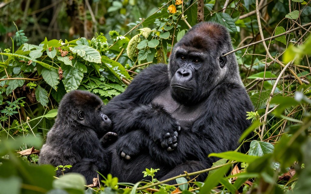Mountain gorilla family resting in Uganda forest