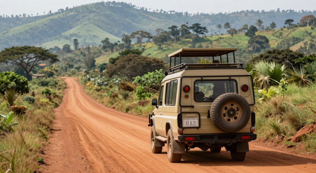 Safari vehicle traveling toward Uganda gorilla trekking parks