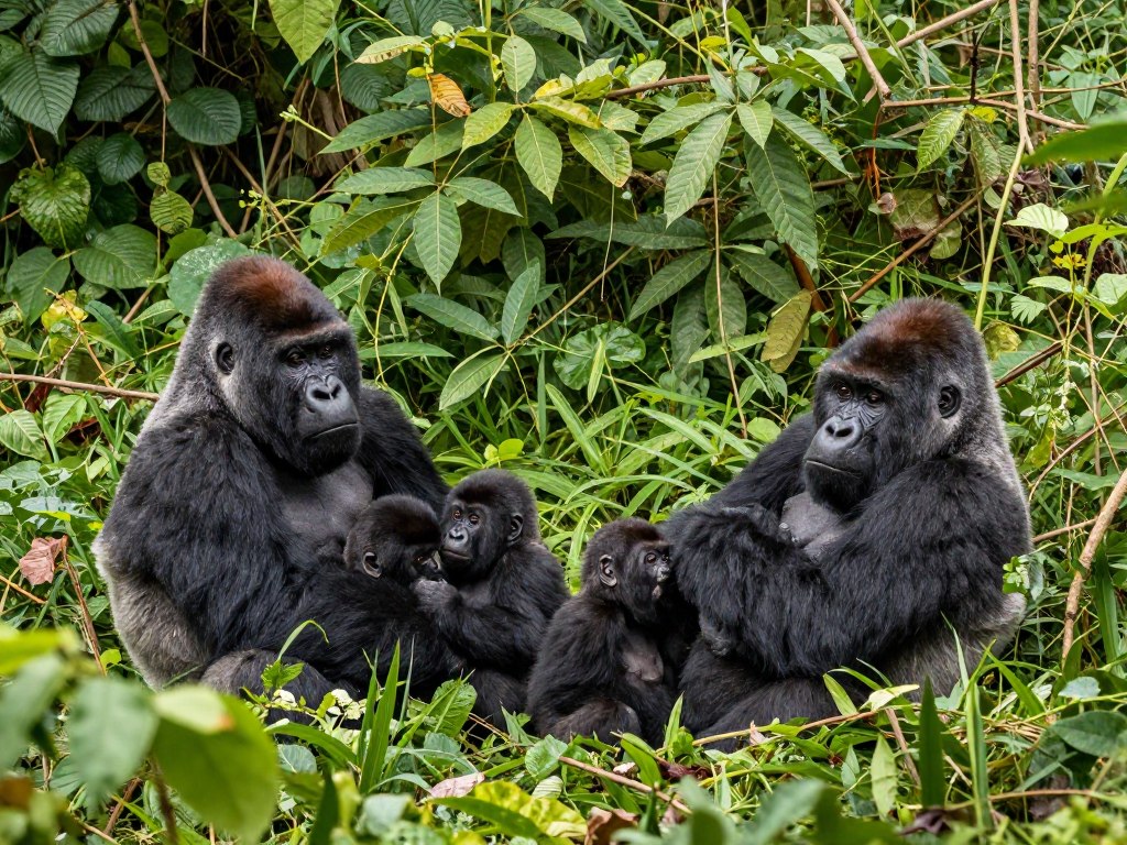 Mountain gorilla family in Uganda forest