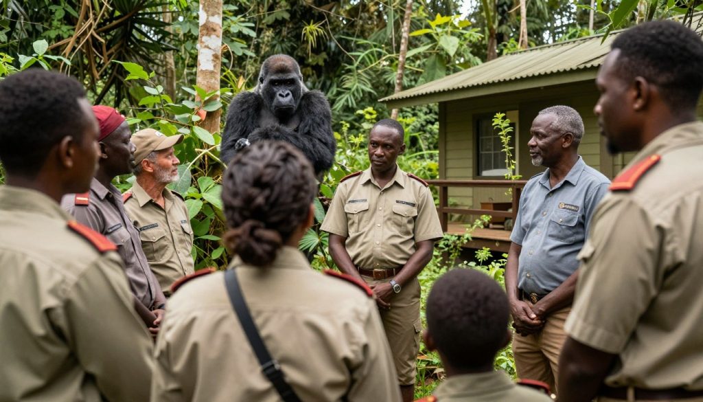 Rangers guiding visitors during gorilla trekking