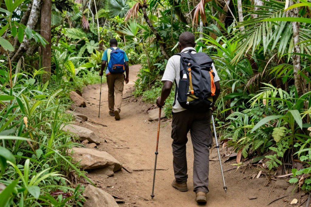 Visitor using walking poles on a Uganda forest trail